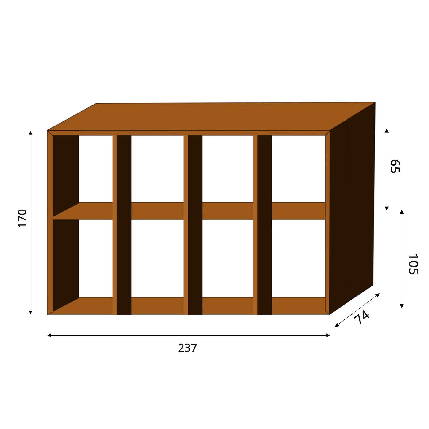 Corten Steel Modular Shelf WALL-XL (size 237x74x170 cm, consists of 4 modules)